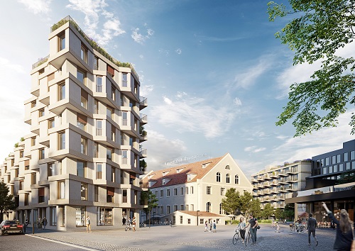 So wird es aussehen: Das neue Wohn- und Gewerbequartier Kupa auf dem Gelände der historischen Kuvertfabrik in München-Pasing.